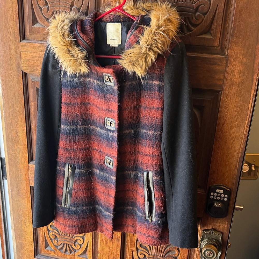 Anthropology Wool Blend Hooded Coat with Faux Fur Trim - Black & Red Plaid